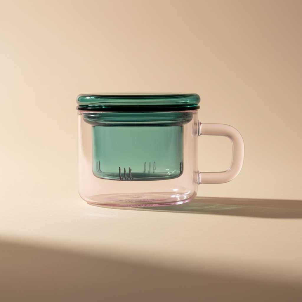 Clear glass mug with green lid on a beige background