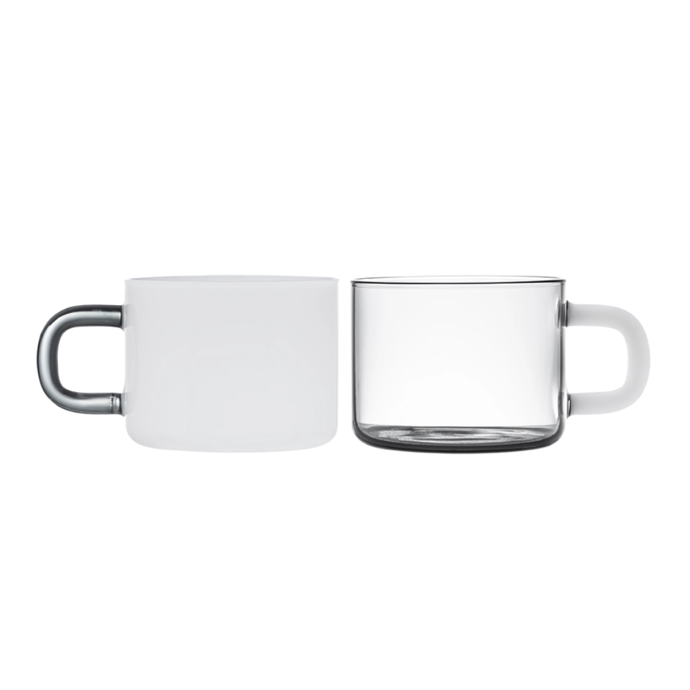 White mug with handle and clear glass mug on a white background