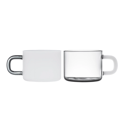 White mug with handle and clear glass mug on a white background