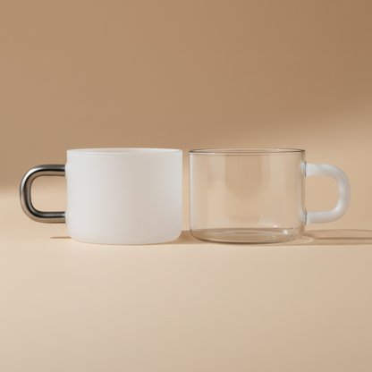Two mugs, one white and one clear glass, on a beige background