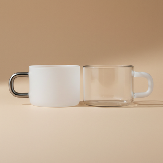 Two mugs, one white and one clear glass, on a beige background