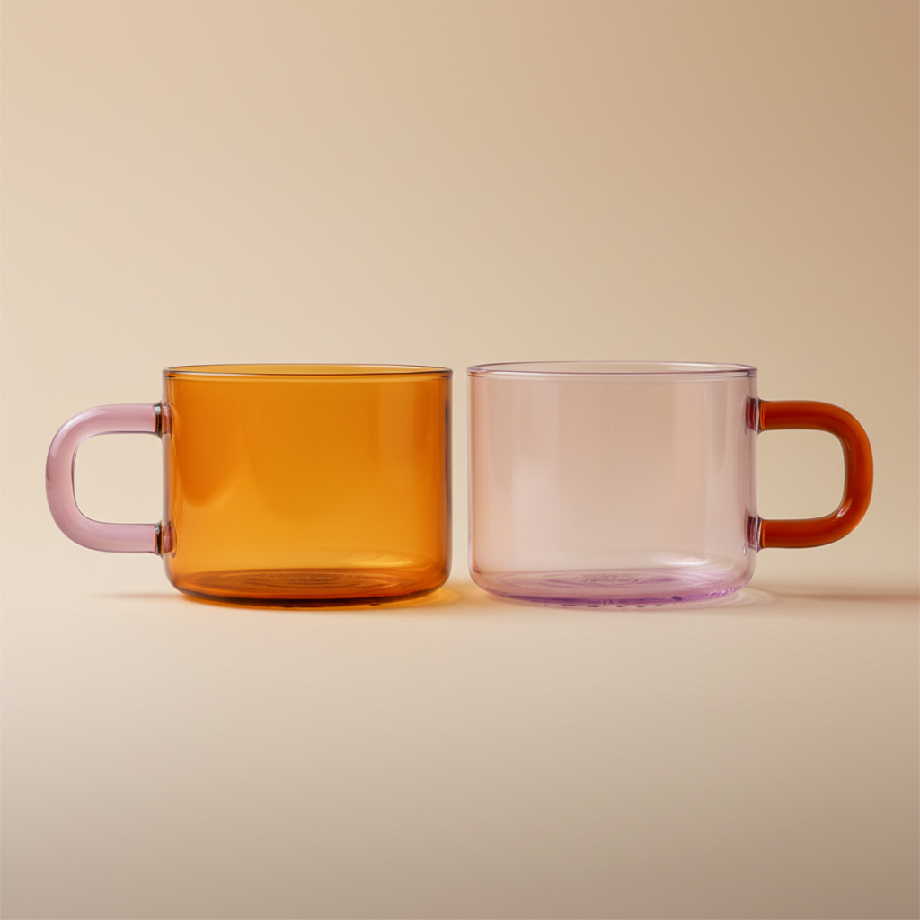 Two transparent glass mugs, one orange and one pink, on a beige background.