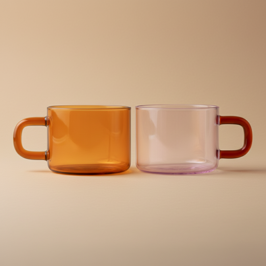 Two glass mugs, one orange and one pink, on a beige background