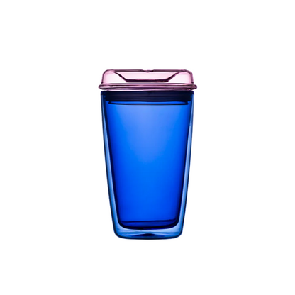 Maho glass cuddle cup in blue with pink lid