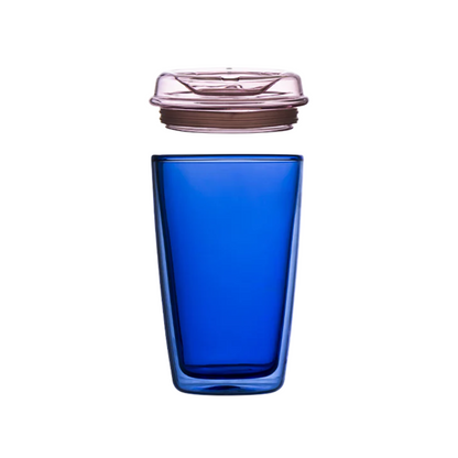 Maho glass cuddle cup in blue with pink lid