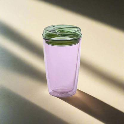 Maho glass cuddle cup in pink with green lid