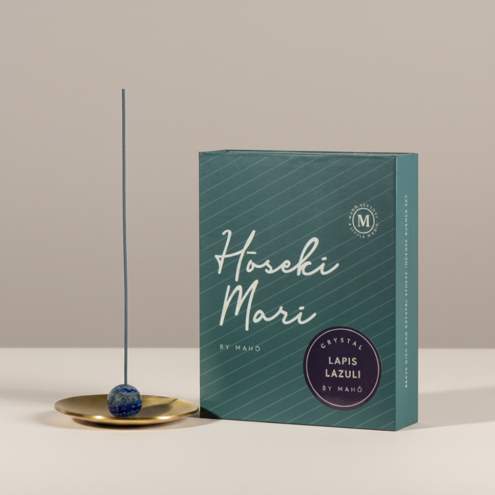 Hoseki Mari by Maho incense packaging with a single stick on a beige background