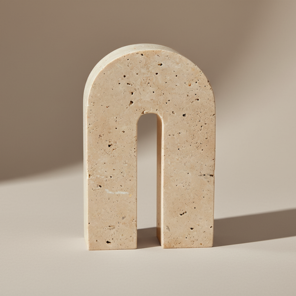 Beige travertine arch sculpture on a beige background