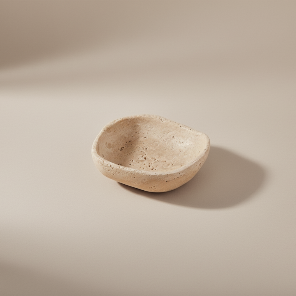 Small beige travertine bowl on a beige background
