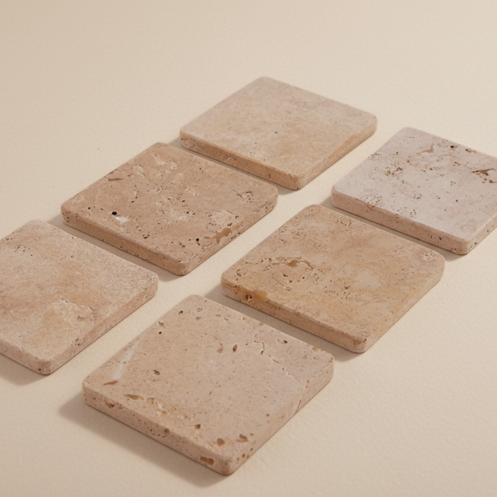 Set of six square travertine stone coasters on a beige background