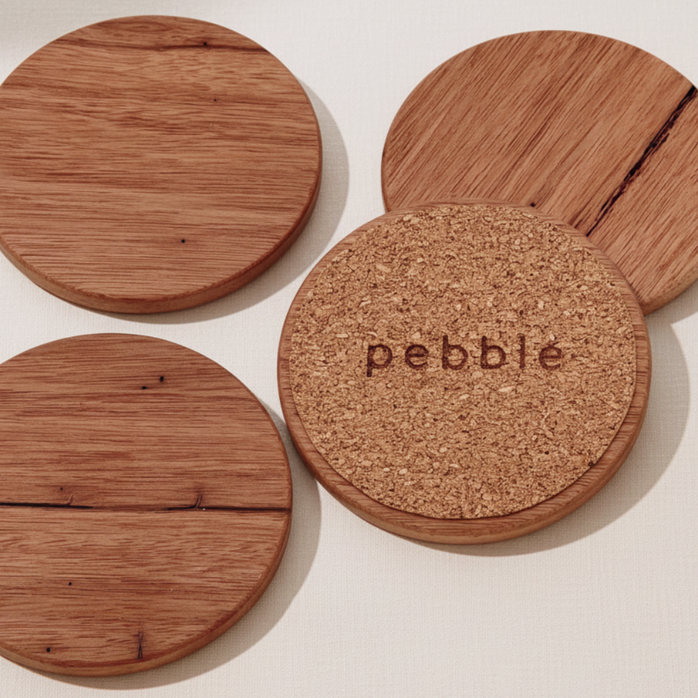 Wooden coasters with cork bottom and 'pebble' branding on a light background