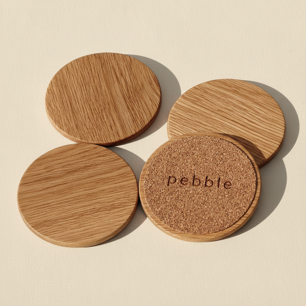 Set of four wooden coasters with cork bottom on a beige background