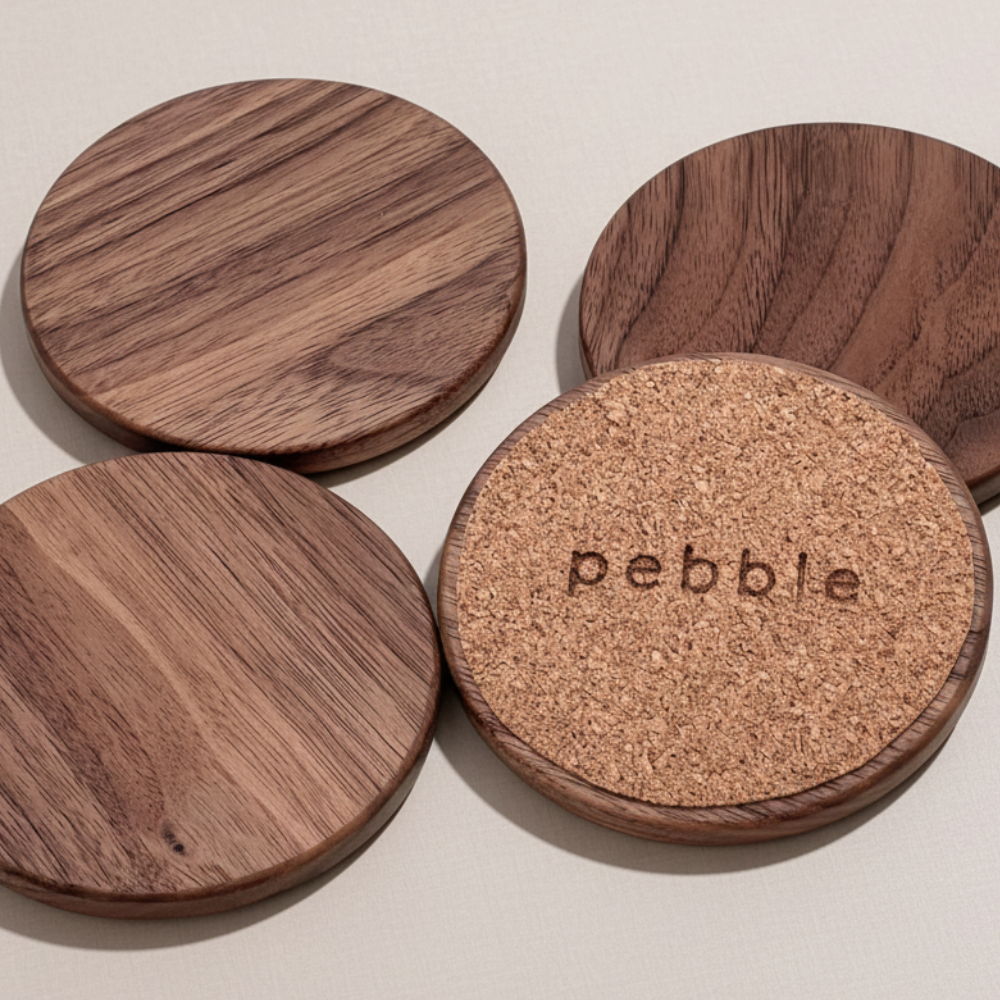Wooden and cork coasters with 'pebble' branding on a light background