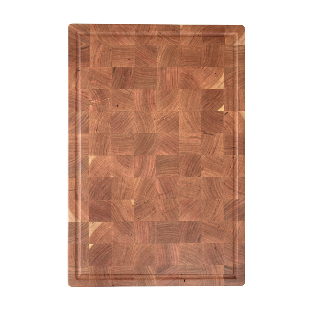 Wooden chopping board with a checkered pattern on a white background