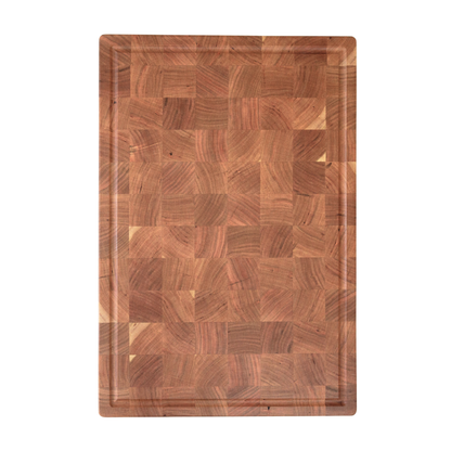 Wooden chopping board with a checkered pattern on a white background