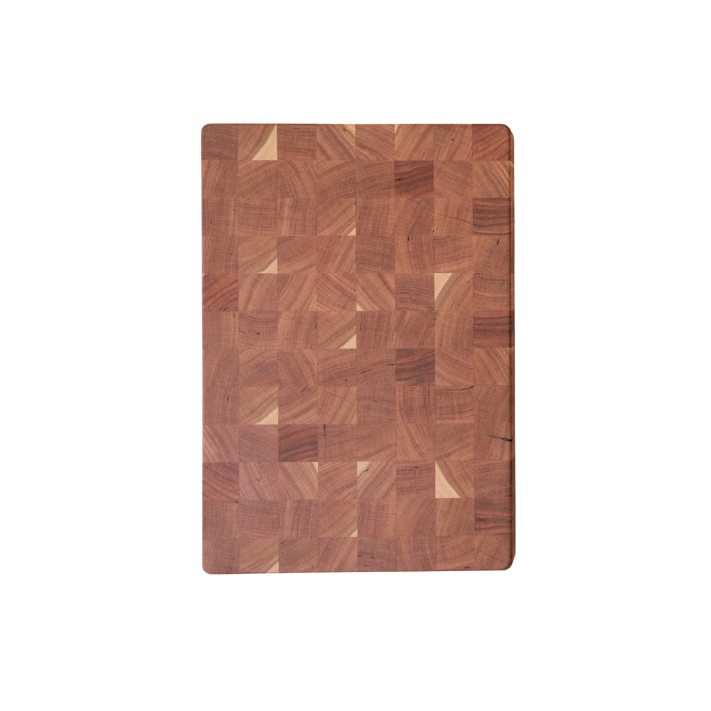 Wooden chopping board with a checkered pattern on a white background