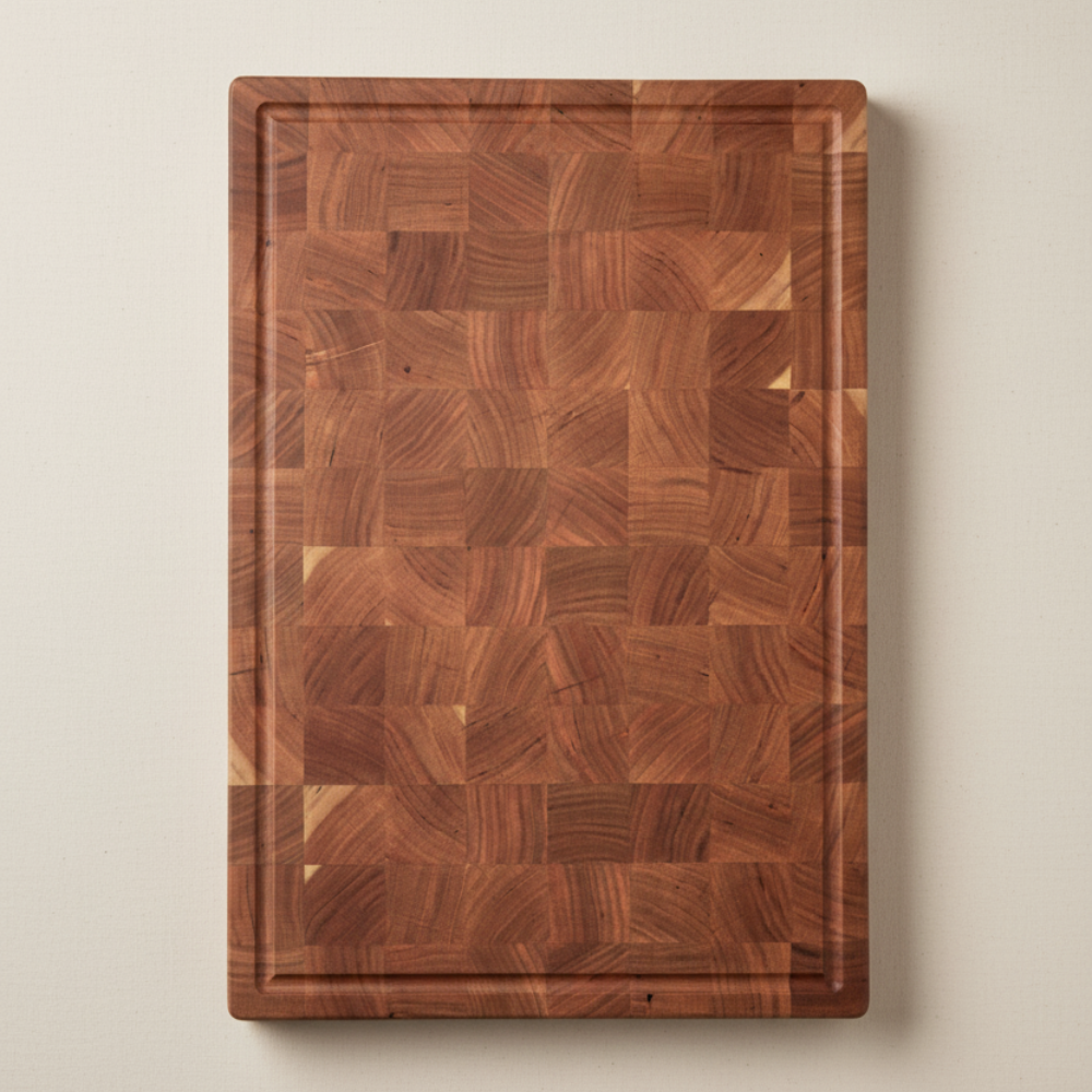 Wooden chopping board on a beige background