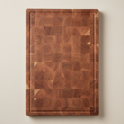 Wooden chopping board on a beige background