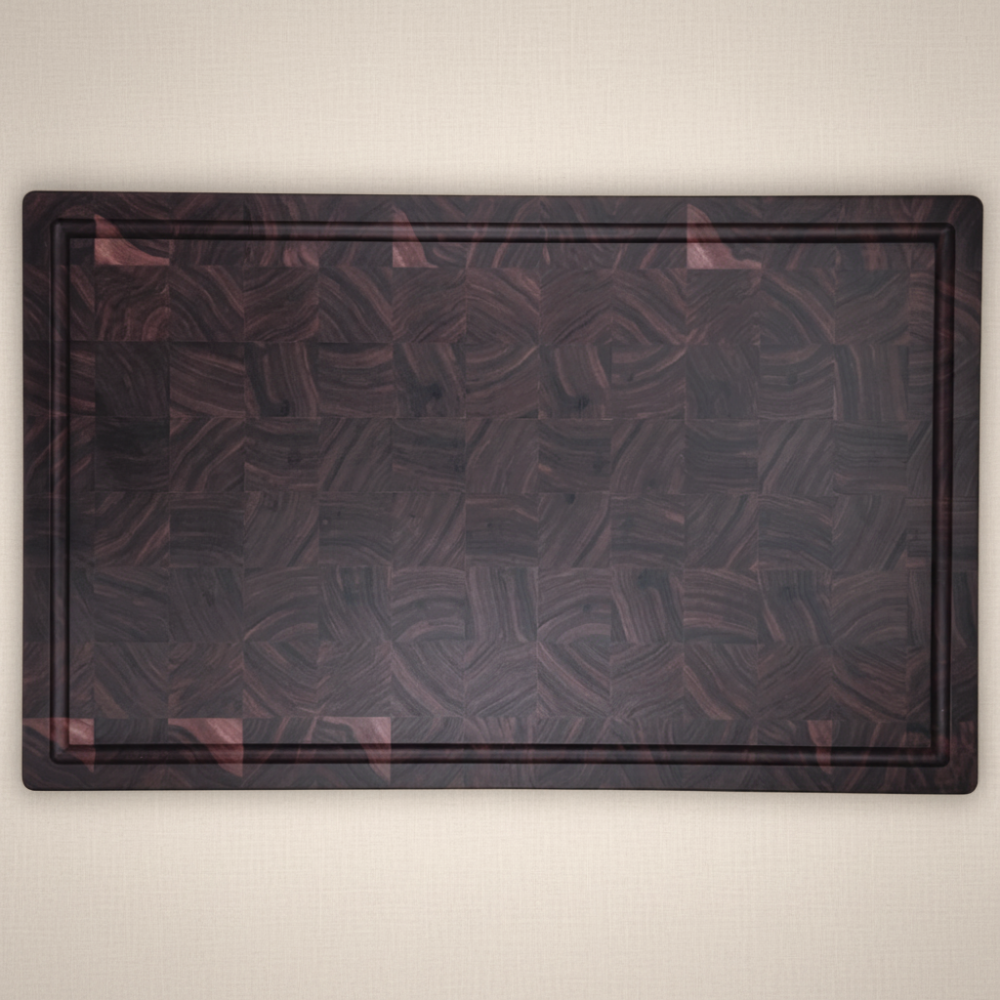 Walnut end-grain chopping board on a beige background
