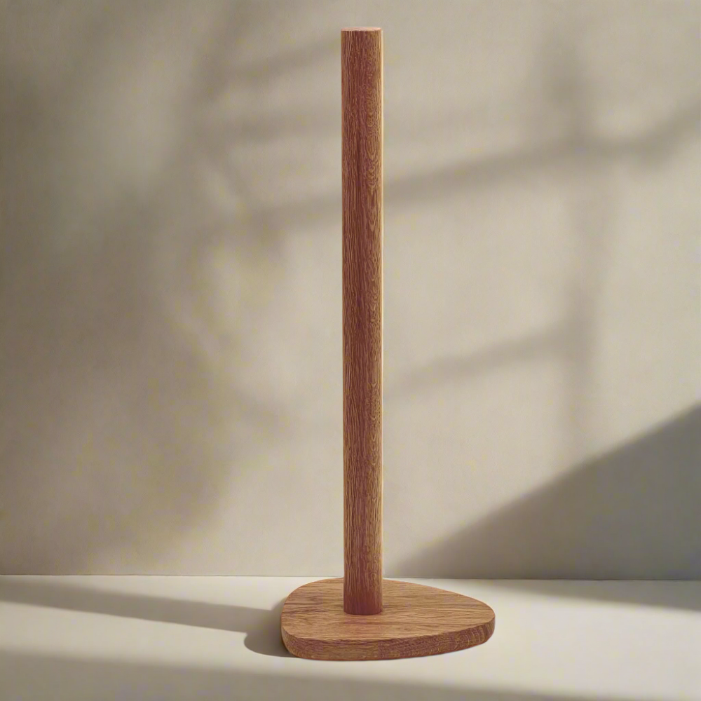 Wood toilet roll holder on a neutral background