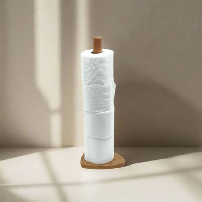Wood toilet rolls holder with a rolls of toilet paper on a beige background