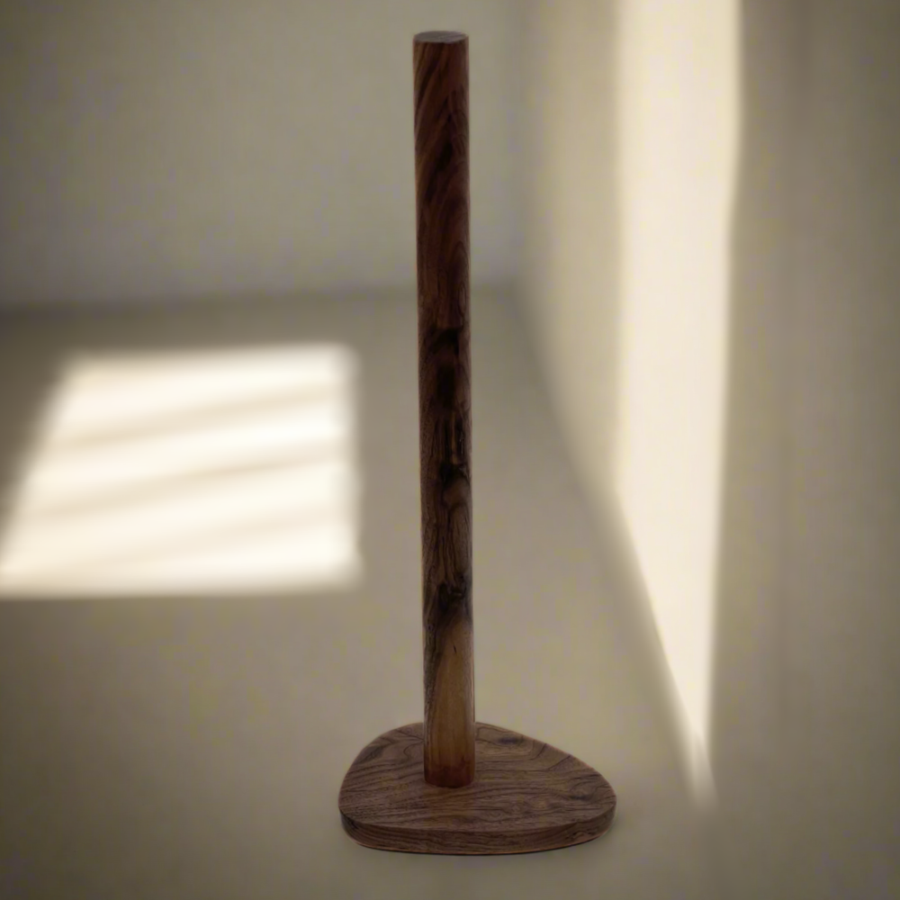 Walnut toilet roll holder on a neutral background