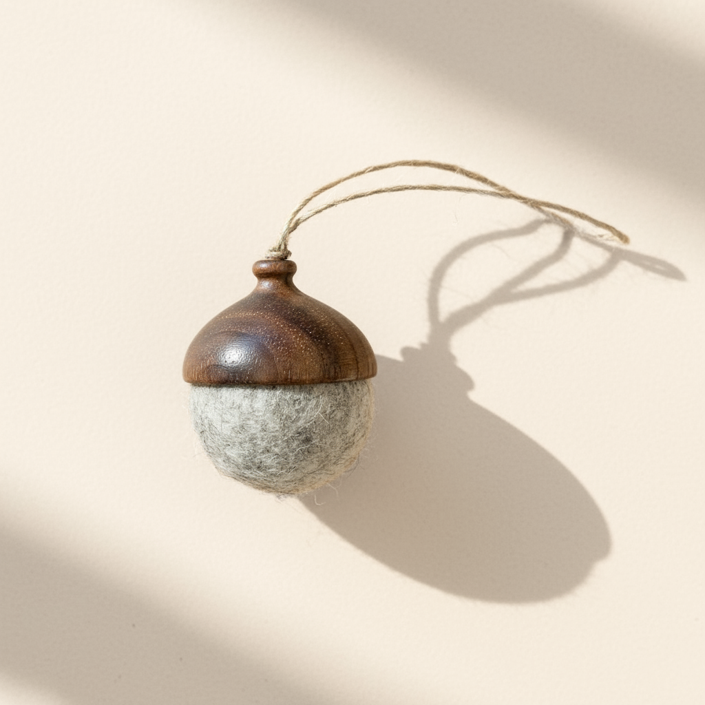 Hand turned walnut and marbled beige felt acorn ornament with jute loop- Australian handmade natural Christmas decoration