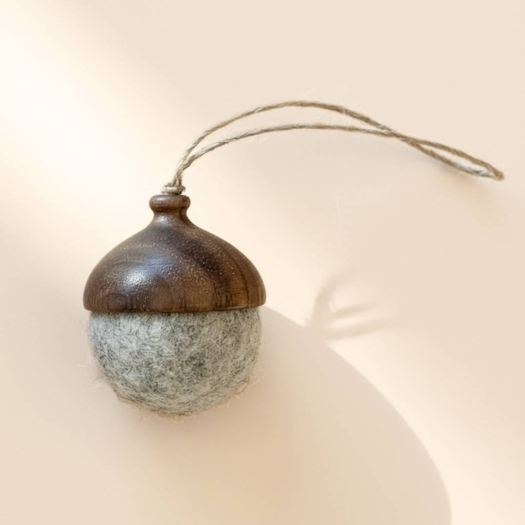 Hand turned walnut and marbled beige felt acorn ornament with jute loop- Australian handmade natural Christmas decoration