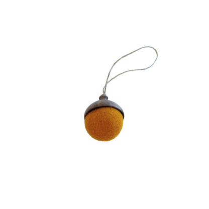 Hand turned walnut and golden yellow felt acorn ornament with jute loop. Australian Made natural Christmas decoration for slow living