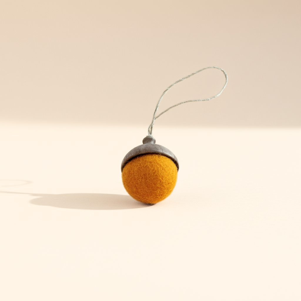 Hand turned walnut and golden yellow felt acorn ornament with jute loop. Australian Made natural Christmas decoration for slow living