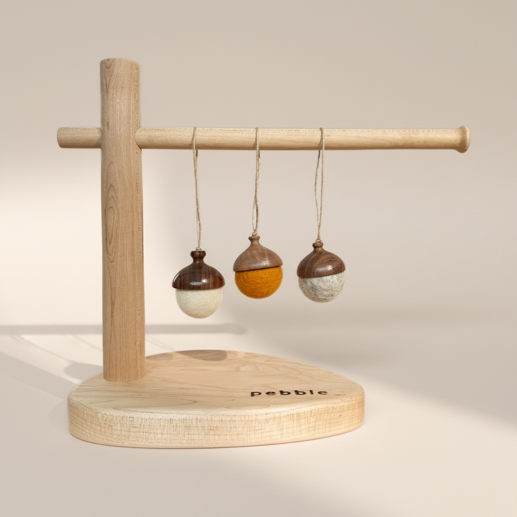 Three hand turned walnut and felt acorn ornaments with jute loop hanging from a wooden stand. Australian Made natural Christmas decoration for slow living