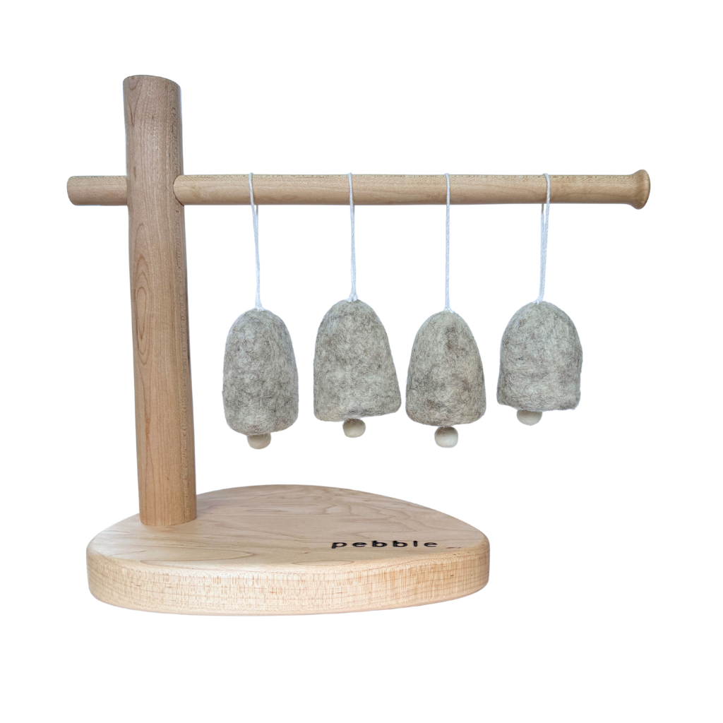 Earthy marbled beige felt bell ornaments with white clapper and cotton hanging string- Pebble Studio festive decor