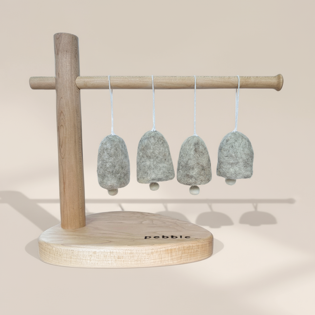 Earthy marbled beige felt bell ornaments with white clapper and cotton hanging string- Pebble Studio festive decor