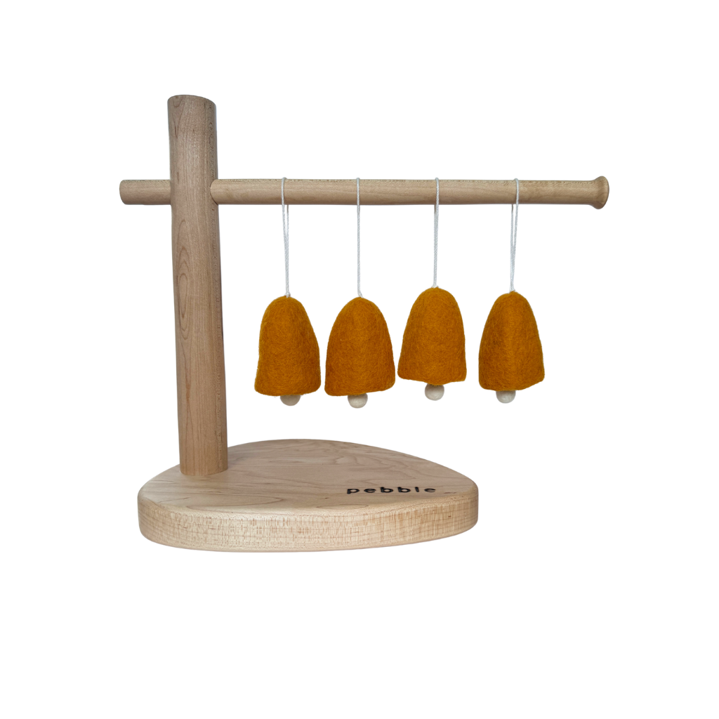 Golden saffron wool felt bell ornaments with snow-white felt clapper and jute loop- handmade Christmas decoration