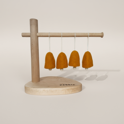 Golden saffron wool felt bell ornaments with snow-white felt clapper and jute loop- handmade Christmas decoration