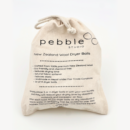 Pebble Studio New Zealand Wool Dryer Balls packaging on a white background