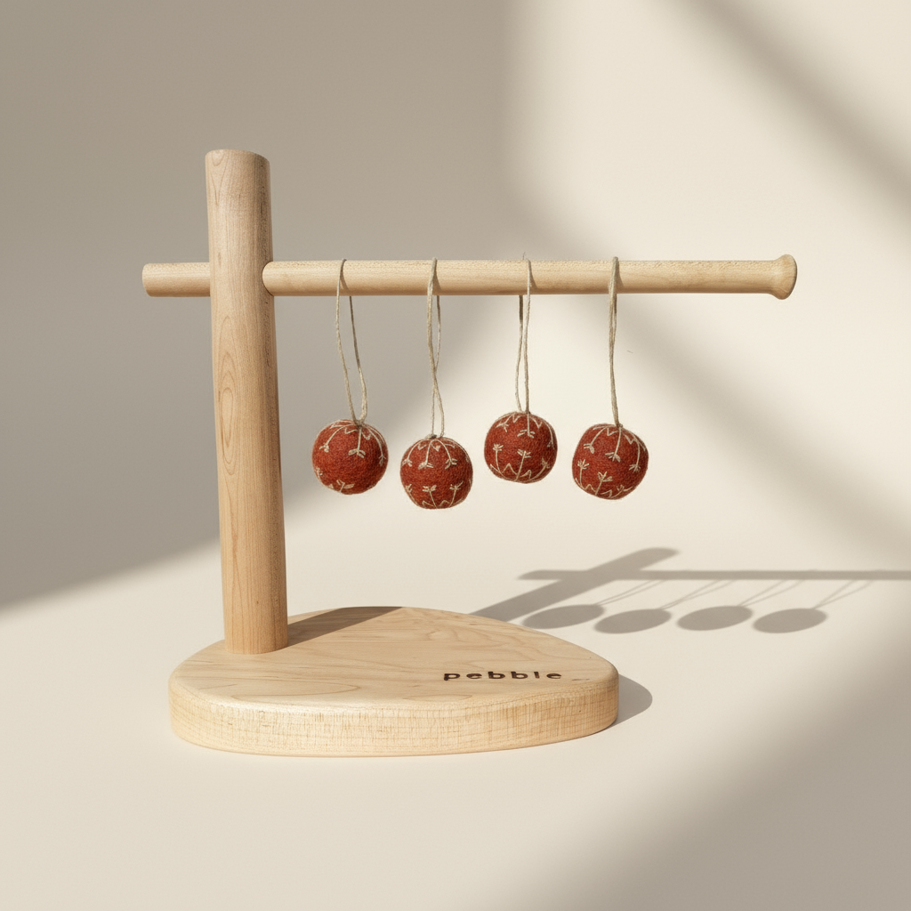 Rust colour felt baubles hanging from a wooden stand