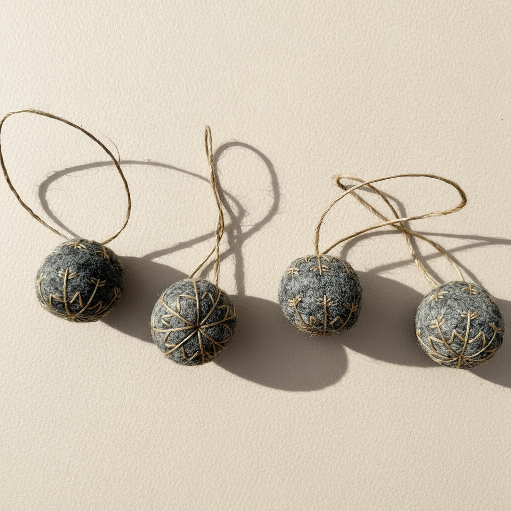 Four small felt snowflakes in Charcoal Marle with beige stitching.