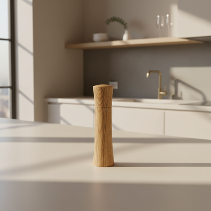 A minimalist wood pepper mill with a tapered cylindrical body and visible wood grain, standing on a white kitchen countertop with a blurred modern kitchen background.