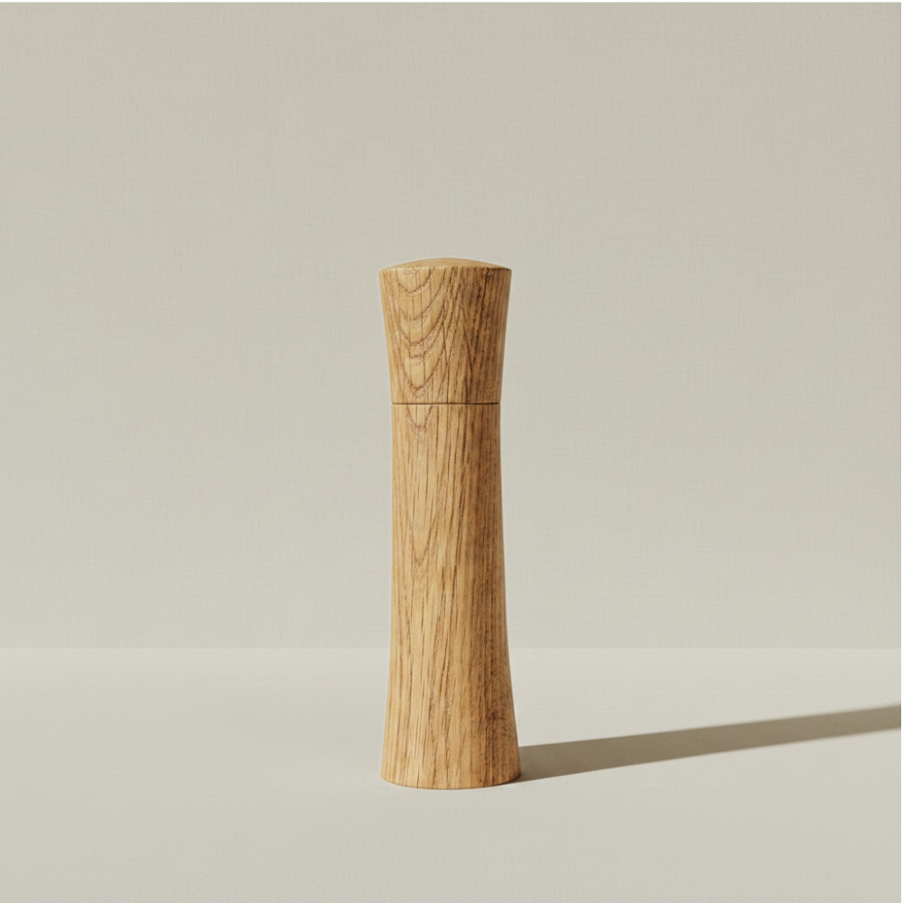 Medium Pebble Studio Salt & Pepper Mill in American Oak. Minimalist design on a neutral background