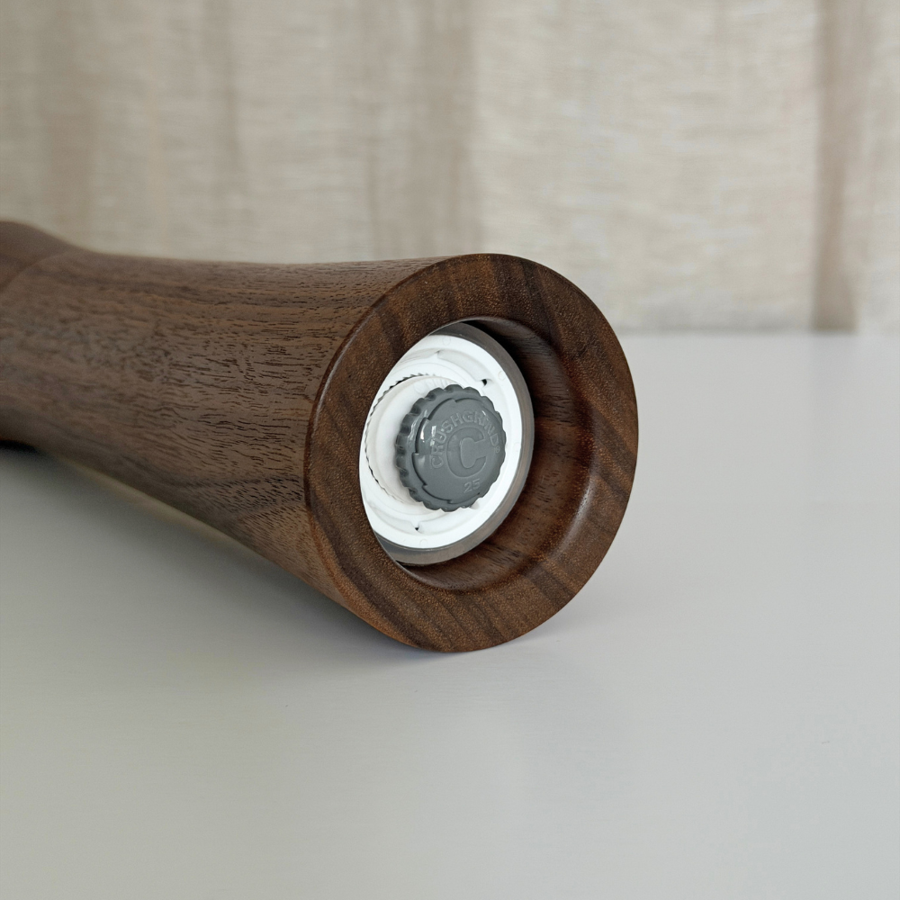 Pebble Studio handcrafted Walnut salt & pepper mill in Large size featuring a premium Crushgrind mechanism.