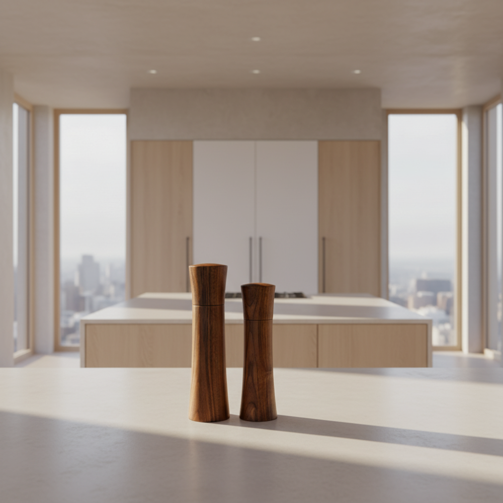 Pebble Studio handcrafted Walnut salt & pepper mills in Medium and Large sizes in a neutral kitchen