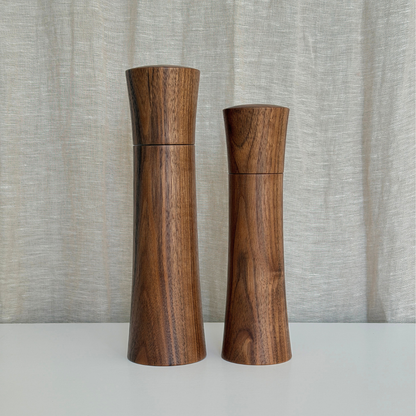 Pebble Studio handcrafted Walnut salt & pepper mills in Medium and Large sizes