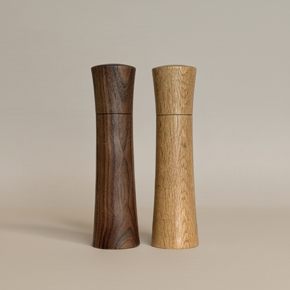 Pebble Studio handcrafted Walnut and Oak salt & pepper mills both in Large size