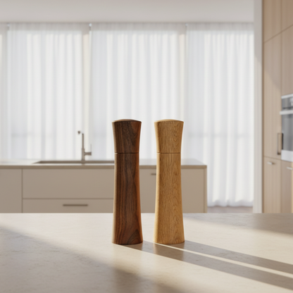 Pebble Studio handcrafted Walnut and Oak salt & pepper mills in Large, featured in a minimalist kitchen