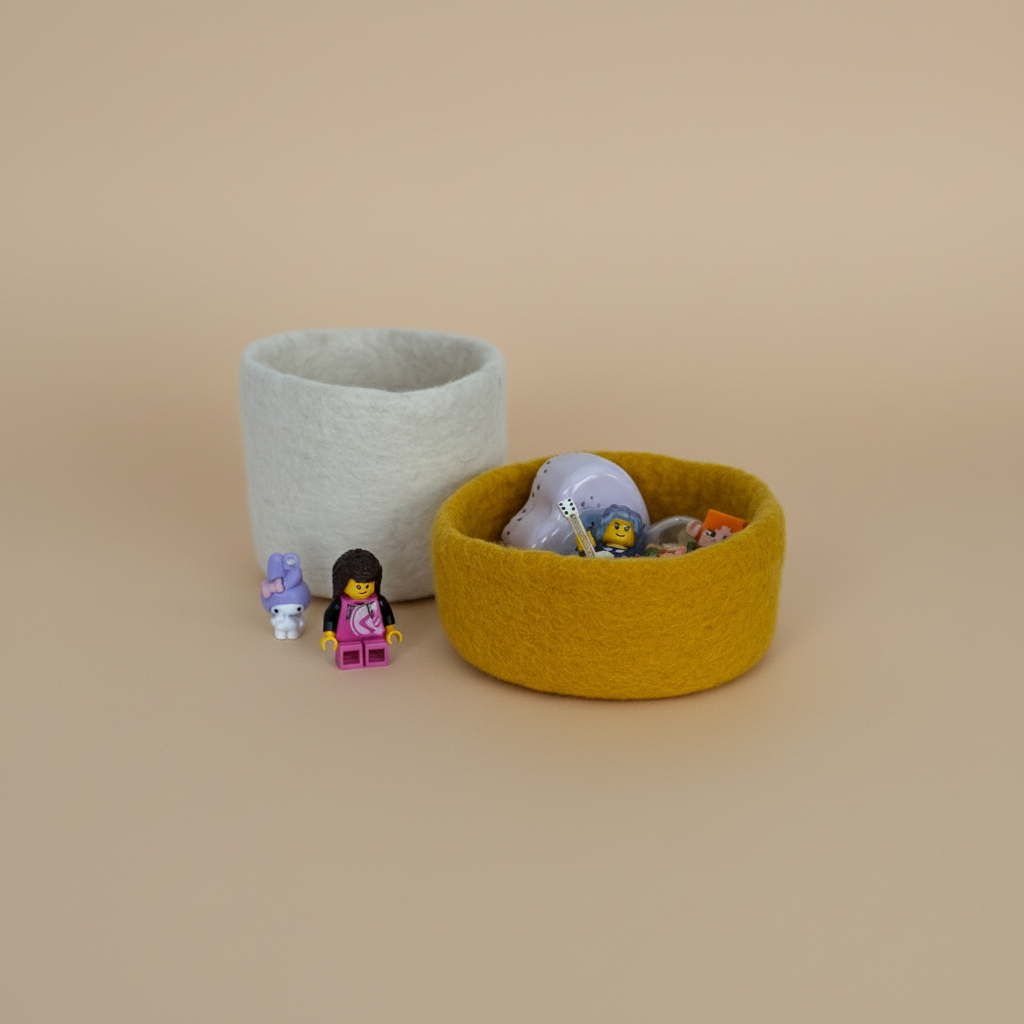 Loft Wool Felt Extra Small Basket  in Snow with Sunflower Yellow Bowl - wool felt catchall basket perfect for kids storage on a light background