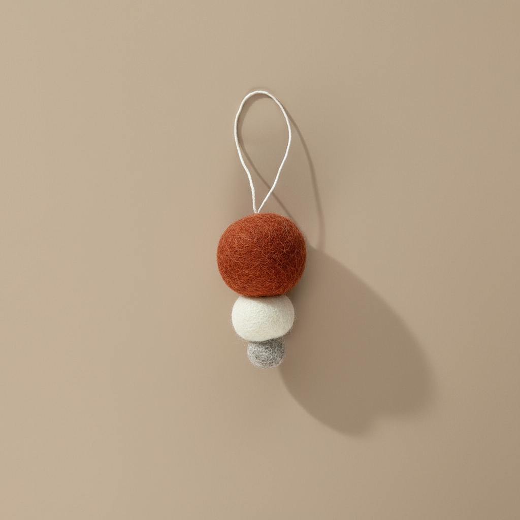 Pebble Studio Nordic Bauble in rust: three stacked felt spheres made from New Zealand wool with a hanging loop.