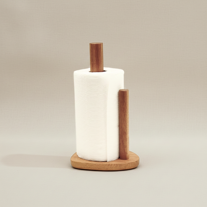 Wooden paper towel holder with a roll of white paper towels on a beige background