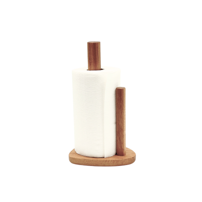 Wooden paper towel holder with a roll of white paper towels on a white background