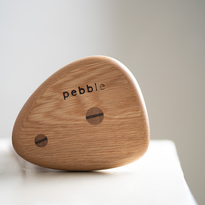 Base of wooden pebble-shaped paper towl holder with 'pebble' branding on a light background
